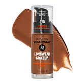Revlon ColorStay foundation Cappuccino 410 bottle closeup for all-day wear and oil control.