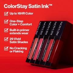 REVLON ColorStay Satin Ink lipstick tube with logo highlights premium branding.