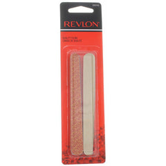 REVLON Compact Emory Board in use showing filing action for precise shaping.