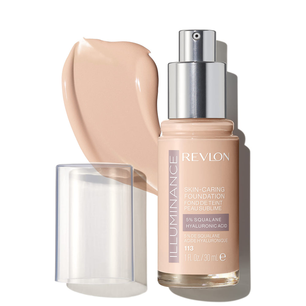 Revlon Illuminance foundation bottle close-up highlighting hydrating formula for radiant skin