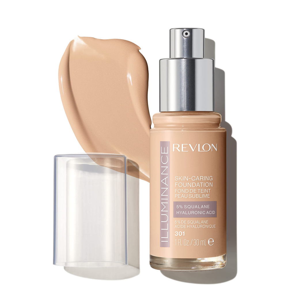 Revlon Illuminance foundation bottle close-up showing hydrating formula for radiant skin.