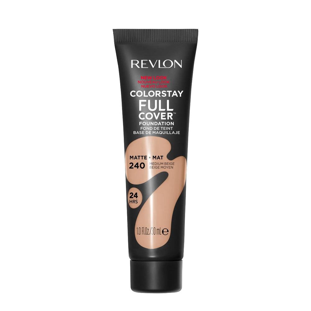 Revlon liquid foundation bottle closeup; matte, all-day wear impression.