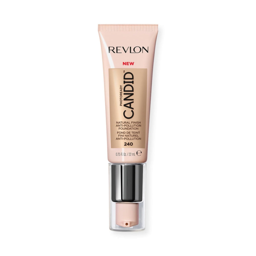 Revlon Liquid Foundation pump closeup with natural-glow finish for all-day wear