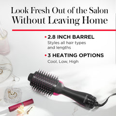 REVLON One-Step oval brush design smooths hair for sleek roots and volume.