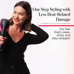 REVLON One-Step ionics technology image emphasizes frizz reduction and added shine.