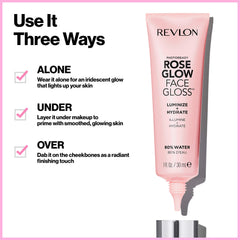 Revlon Rose Glow gloss jar closeup emphasizes lightweight, non-sticky texture.