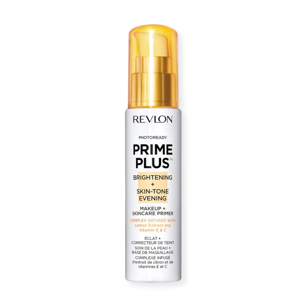 REVLON PhotoReady Prime Plus bottle demonstrates brightening primer for even skin tone.