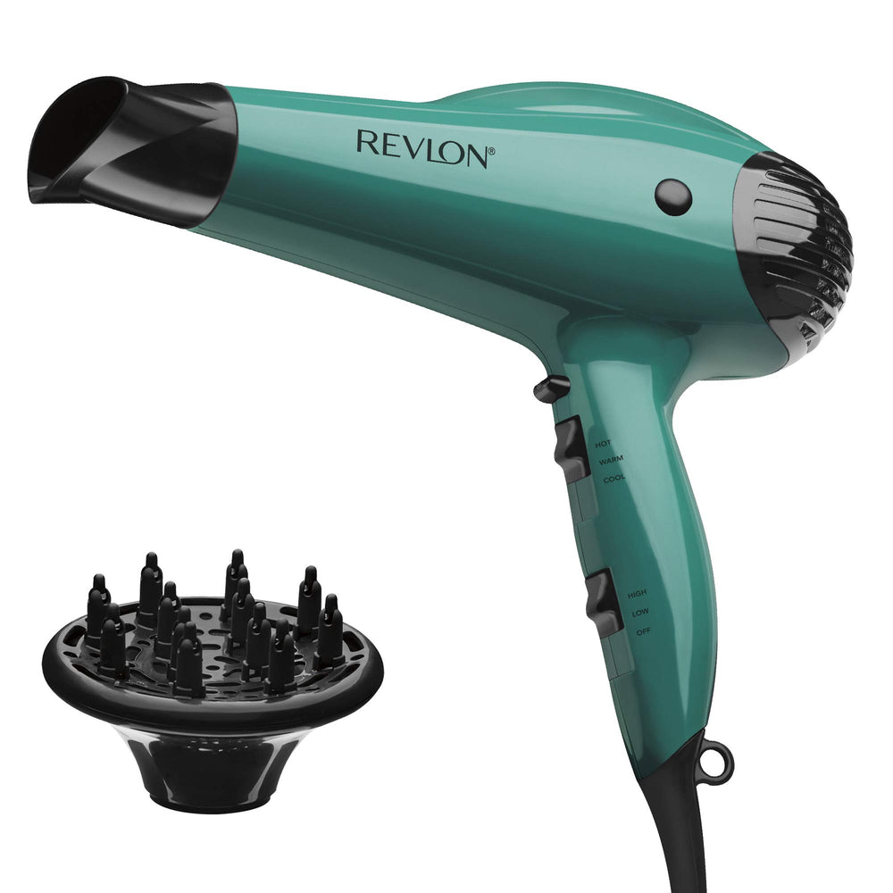 Revlon Volume Booster hair dryer in green, front view, for easy voluminous blowouts at home.