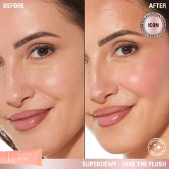 Revolution Beauty London Superdewy Liquid Blush Flushing For You swatch adds rosy glow for day-to-night looks.