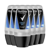 Rexona Cobalt deodorant packshot shows six-pack with long-lasting protection for active days.