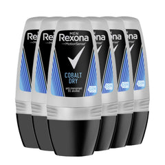 Rexona Cobalt deodorant packshot shows six-pack with long-lasting protection for active days.