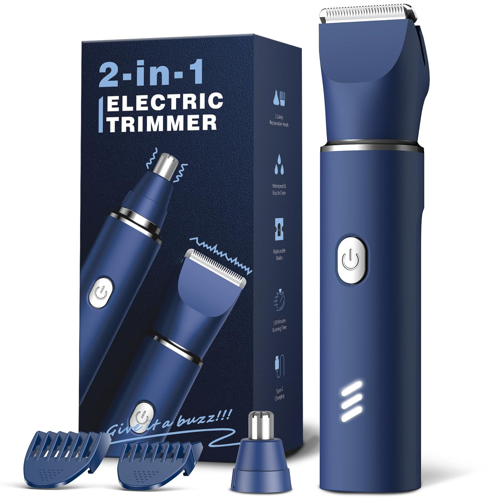 REYOLL electric razor blue front view shows compact travel-ready design.
