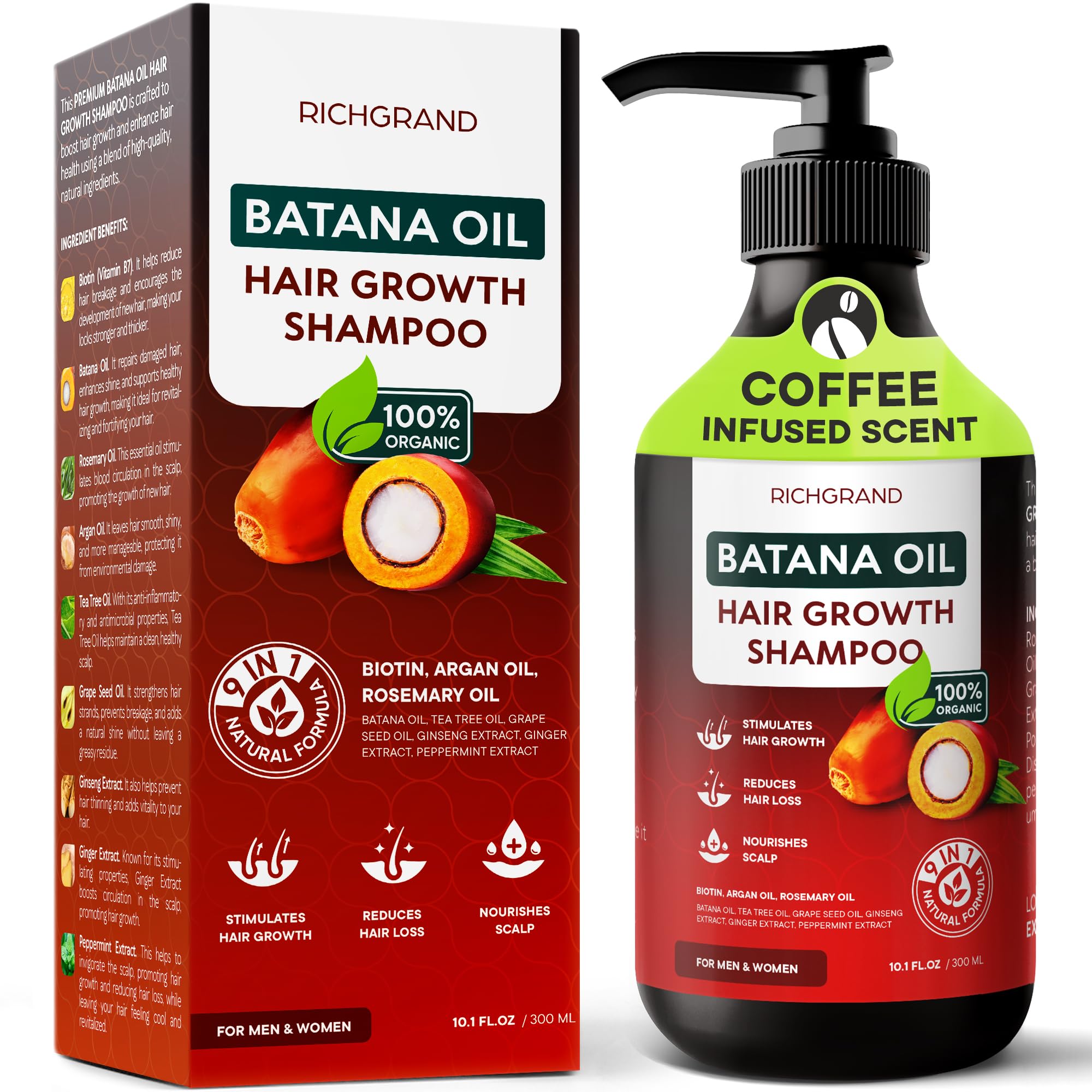 RICHGRAND Batana Oil Shampoo bottle showing volumizing formula for fuller-looking hair