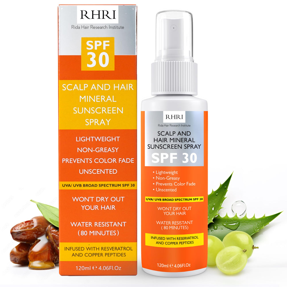 Rida Hair premium SPF30 sunscreen spray bottle delivers non-greasy UV protection for hair and scalp.