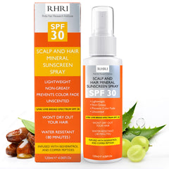 Rida Hair premium SPF30 sunscreen spray bottle delivers non-greasy UV protection for hair and scalp.