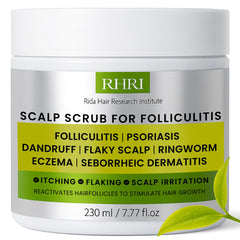 Rida Hair Scalp Scrub bottle closeup for cleansing and refreshment.
