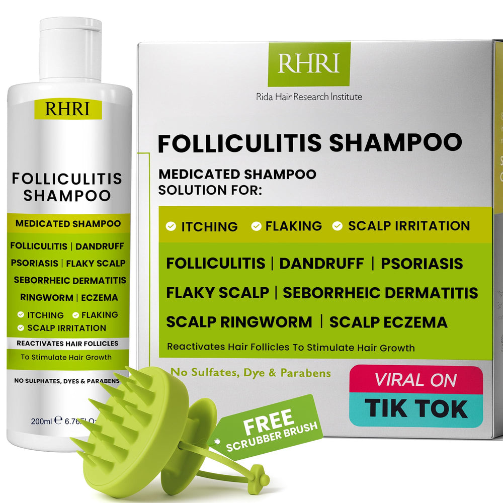 Rida Hair Research Institute Folliculitis bottle close-up for scalp cleansing benefit
