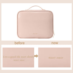 Right Away travel toiletry bag pink open compartments — quick access and organized cosmetics.
