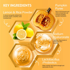 RIHAKO Pumpkin Enzyme Mask ingredients close-up, emphasizing AHAs and fruit enzymes