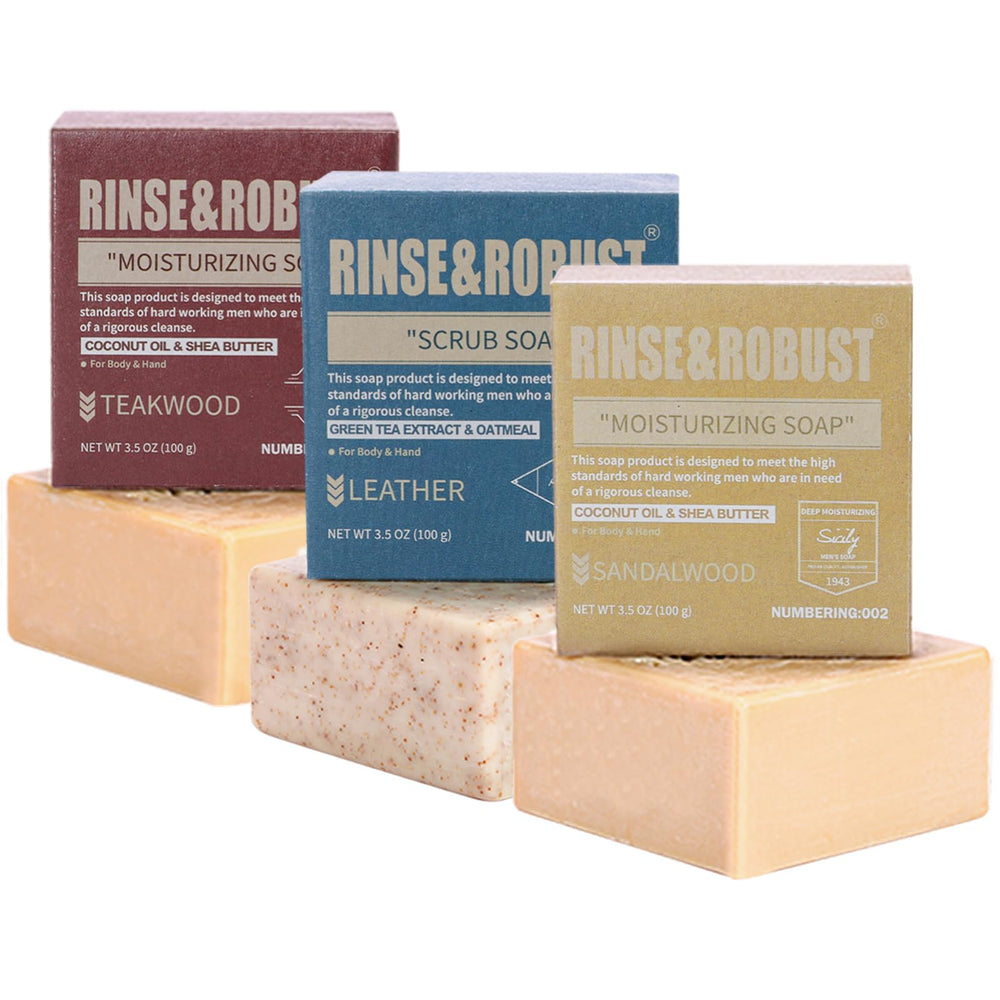 Rinse & Robust Leather bar soap shown with bold scent for deep cleansing.