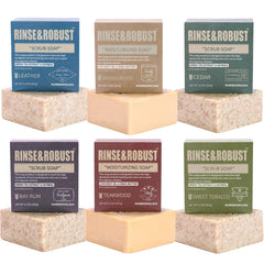 Rinse & Robust leather-scent bar delivers bold cleanse with lasting fragrance.