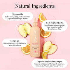 Rizos Curls rinse ingredients label highlights natural clarifying ingredients for scalp refresh.