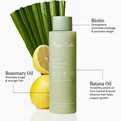 Rizos Curls Biotin Shampoo creamy lather on hair delivering gentle cleansing