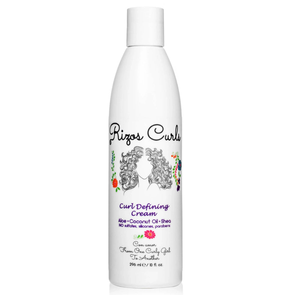 Rizos Curls Curl Defining Cream bottle shows frizz control and defined curls.