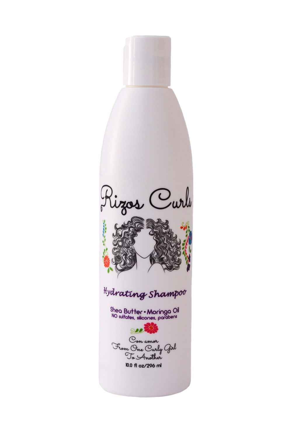 Rizos Curls Hydrating Shampoo bottle front view highlighting moisturizing formula for curls.