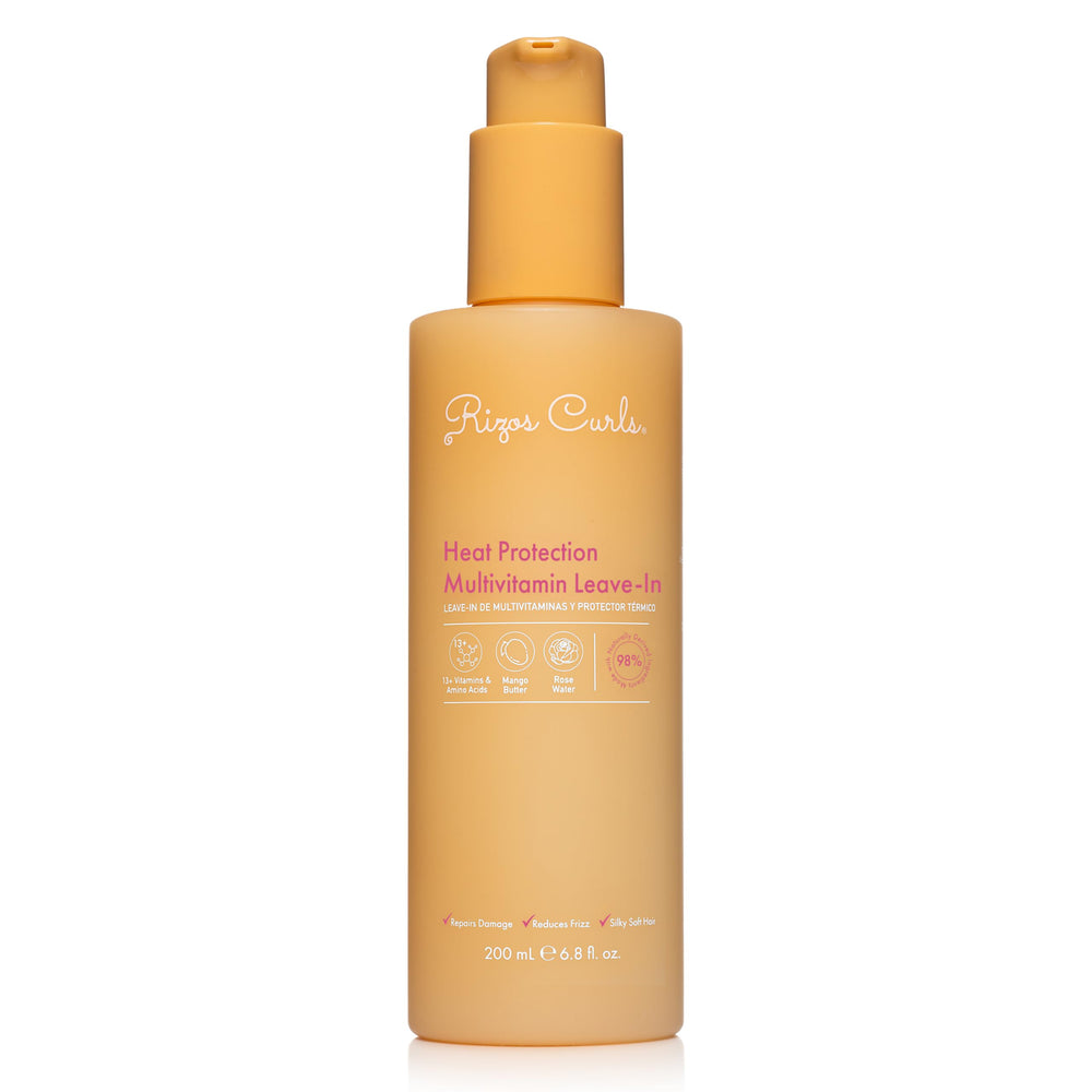 Rizos Curls multivitamin leave-in bottle closeup showcasing nourishing heat protection