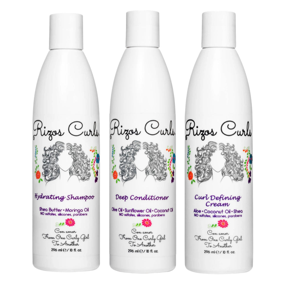 Rizos Curls trio bundle pack shot showing complete curly care set