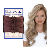 RobeCurls Original heatless headband in mocha delivers overnight curls with satin comfort.