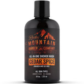 Rocky Mountain Barber Cedar Spice bottle showing five-in-one use for hair and skin.