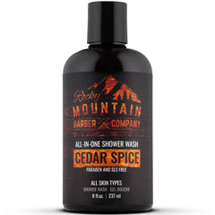 Rocky Mountain Barber Cedar Spice bottle showing five-in-one use for hair and skin.