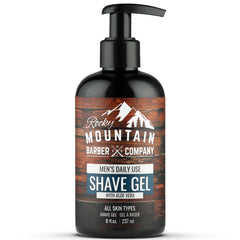 Rocky Mountain Barber Company clear shave gel in pump-cap for precise, visible shaving.