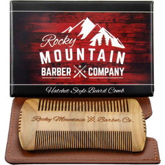 Rocky Mountain Barber Company beard comb sandalwood hatchet closeup shows smooth edges for gentle detangling.