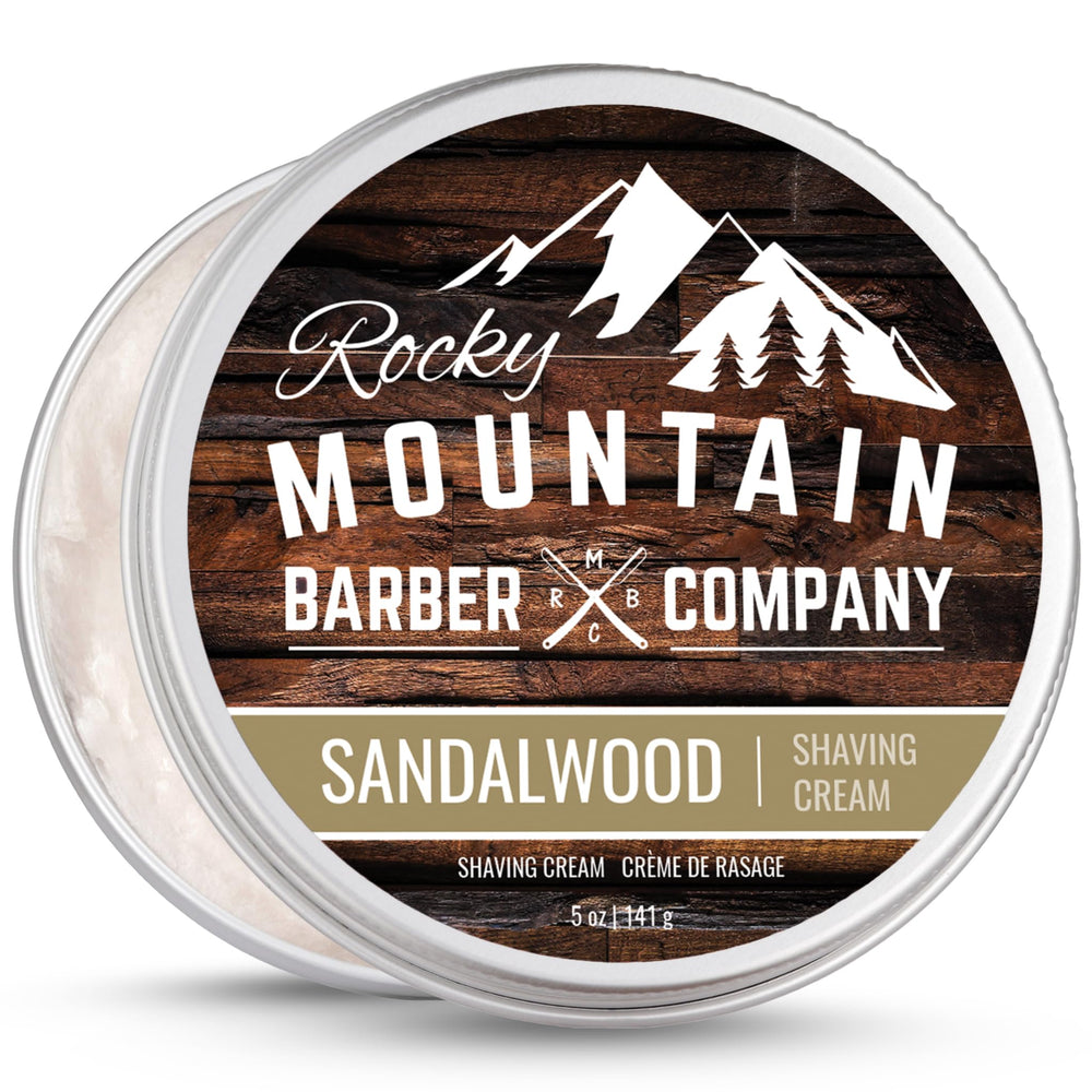 Rocky Mountain Barber Co shaving cream close-up with sandalwood essential oil and rich lather.