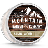 Rocky Mountain Barber Co shaving cream close-up with sandalwood essential oil and rich lather.