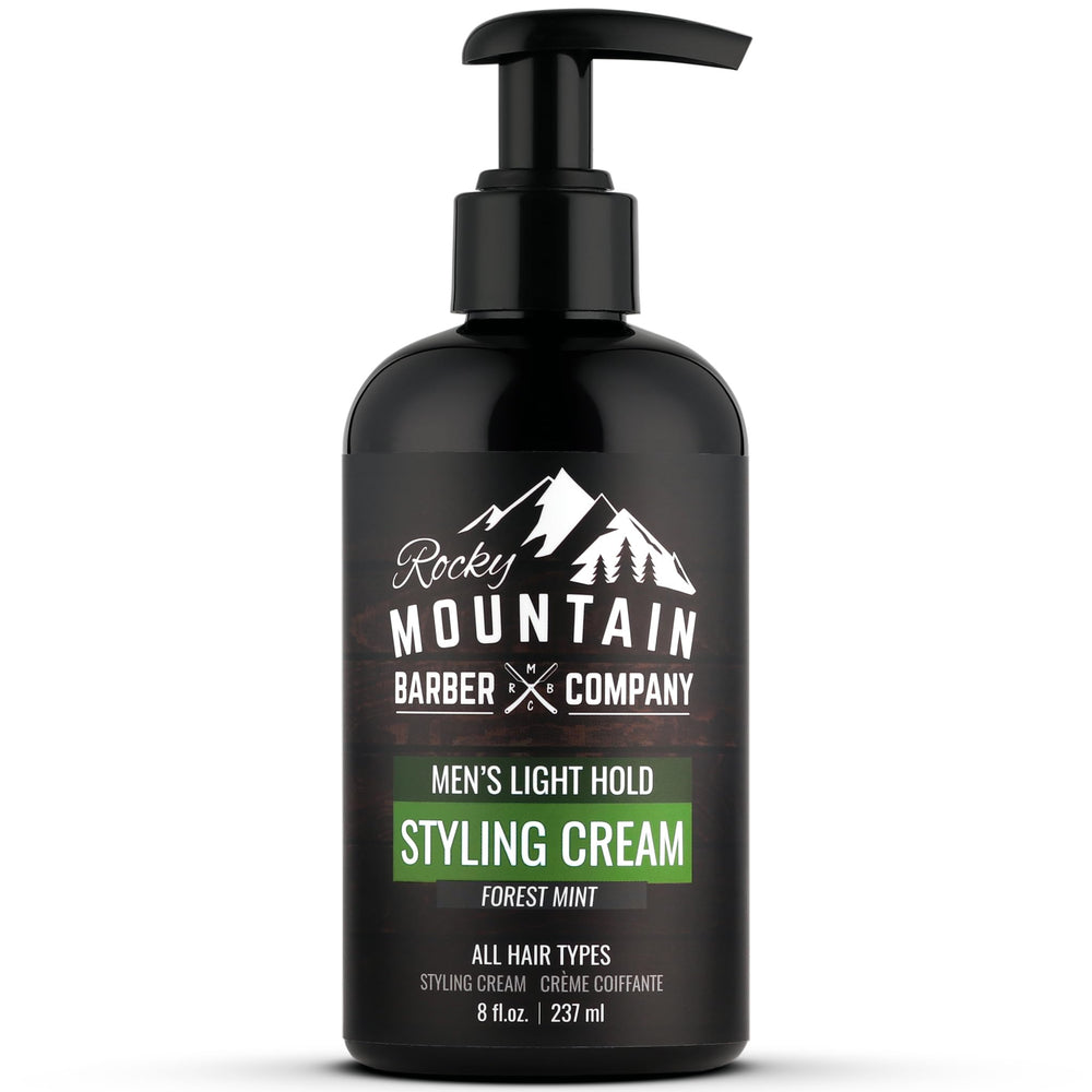 Rocky Mountain Barber Company Styling Hair Cream bottle with pump for easy one-handed application.
