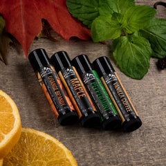Rocky Mountain Lip Balm Set vanilla-coffee tube; comforting aroma while hydrating lips.