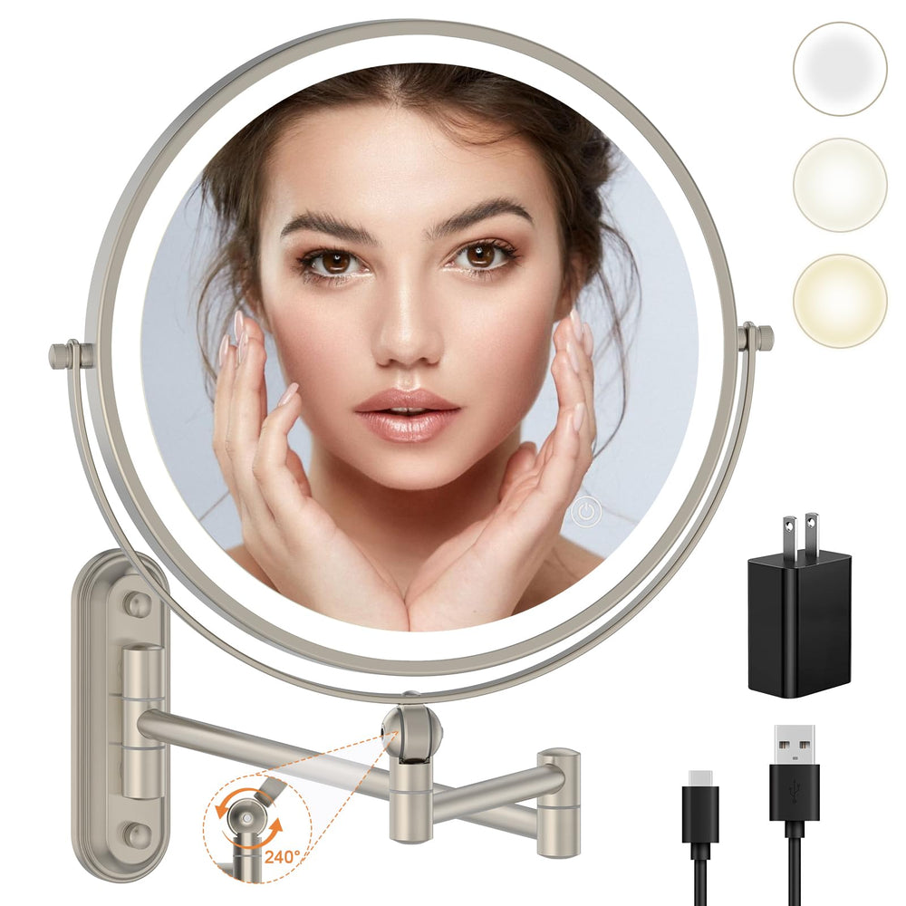 Rocollos 9-inch wall-mounted makeup mirror front view in nickel finish for clear grooming