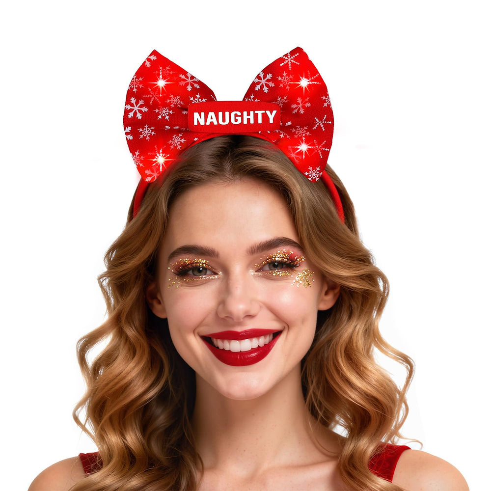 ROC PARTY light-up Christmas headband with red bow adds festive glow for photos.