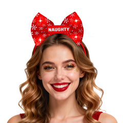 ROC PARTY light-up Christmas headband with red bow adds festive glow for photos.