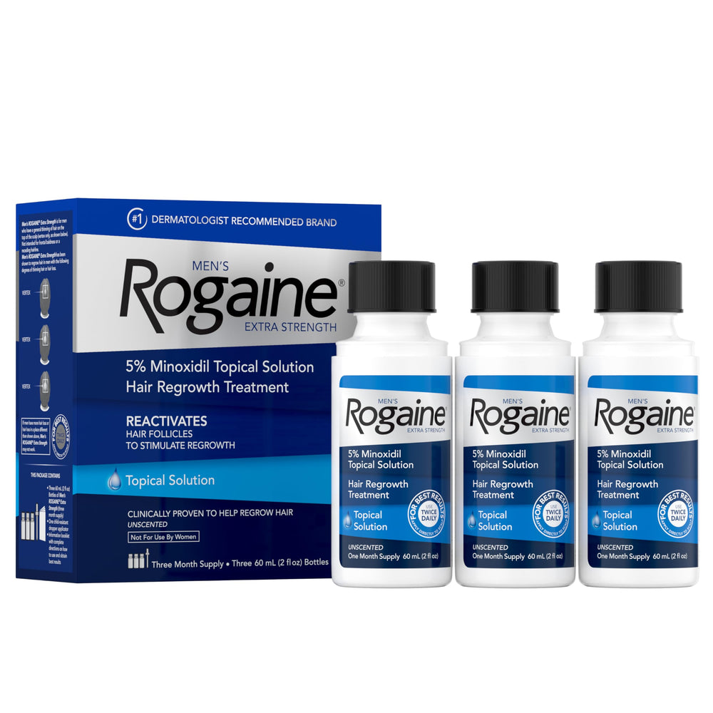 Rogaine extra strength 5 percent bottle for men showing targeted crown thinning support