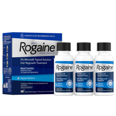 Rogaine extra strength 5 percent bottle for men showing targeted crown thinning support