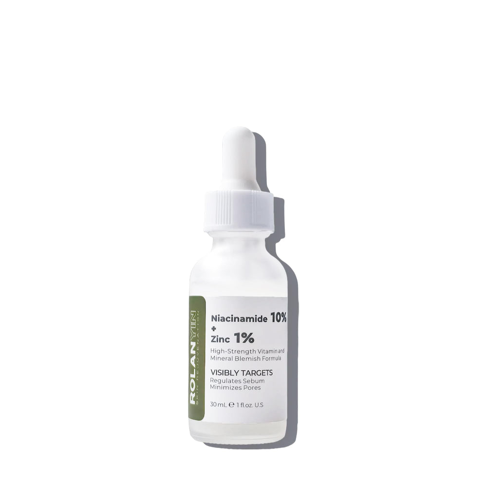 ROLANYIN niacinamide zinc serum bottle demonstrates oil-control for clearer skin.