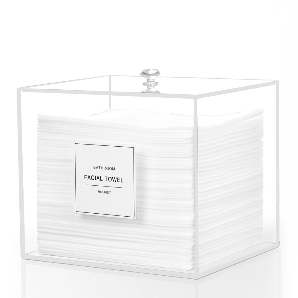 Rolheit disposable face-towel holder in a clear acrylic box offering spacious towel storage