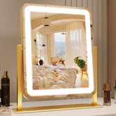 ROLOVE Gold Vanity Mirror with lights on a tabletop, compact and clear for full-face view.