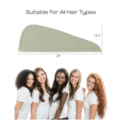ROLSHOL hair towel wrap shown on head with button and loop for secure wear