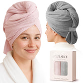 ROLSHOL two-pack pink microfiber hair towel wrap for quick drying and frizz control.